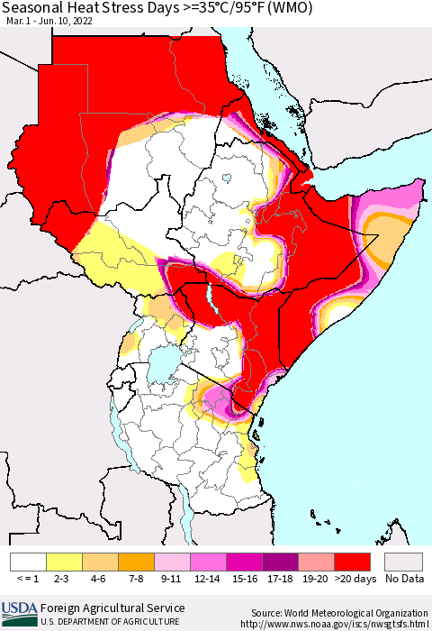 Eastern Africa Seasonal Heat Stress Days >=35°C/95°F (WMO) Thematic Map For 3/1/2022 - 6/10/2022