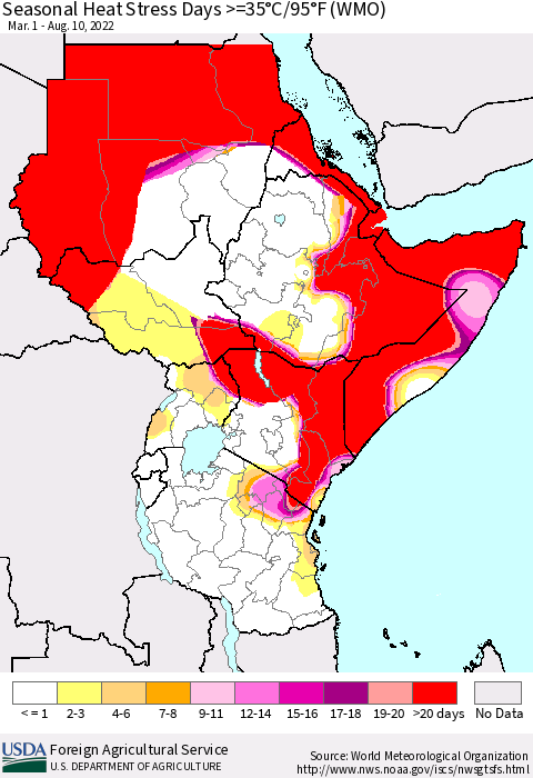 Eastern Africa Seasonal Heat Stress Days >=35°C/95°F (WMO) Thematic Map For 3/1/2022 - 8/10/2022