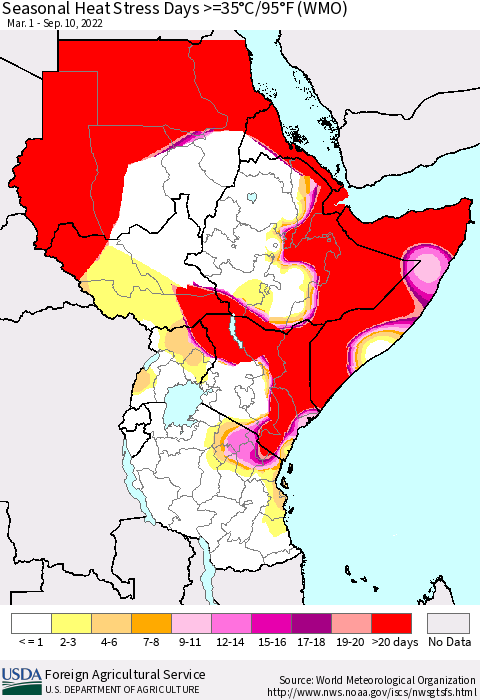 Eastern Africa Seasonal Heat Stress Days >=35°C/95°F (WMO) Thematic Map For 3/1/2022 - 9/10/2022