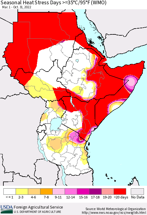 Eastern Africa Seasonal Heat Stress Days >=35°C/95°F (WMO) Thematic Map For 3/1/2022 - 10/31/2022