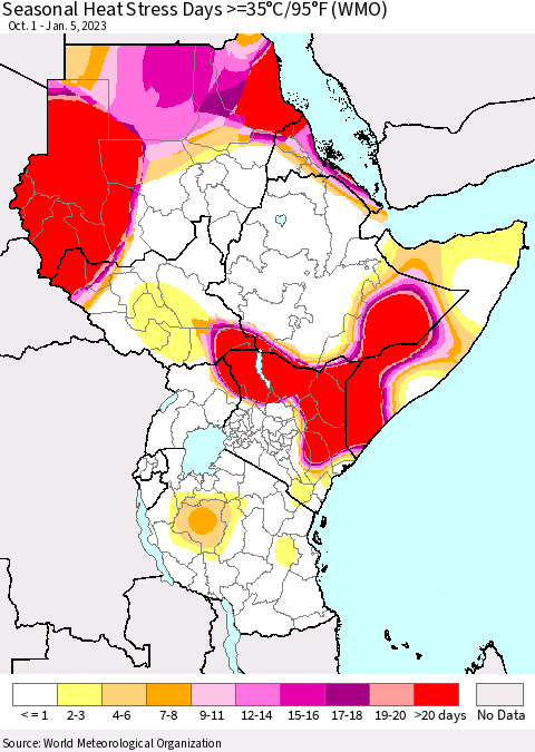 Eastern Africa Seasonal Heat Stress Days >=35°C/95°F (WMO) Thematic Map For 10/1/2022 - 1/5/2023