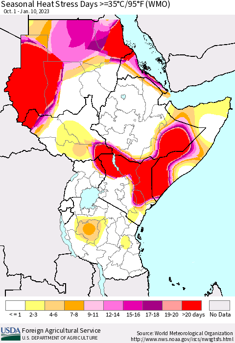 Eastern Africa Seasonal Heat Stress Days >=35°C/95°F (WMO) Thematic Map For 10/1/2022 - 1/10/2023
