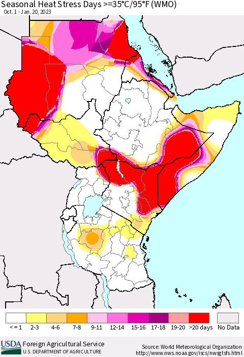 Eastern Africa Seasonal Heat Stress Days >=35°C/95°F (WMO) Thematic Map For 10/1/2022 - 1/20/2023