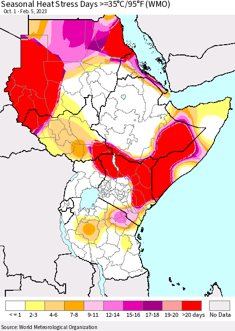 Eastern Africa Seasonal Heat Stress Days >=35°C/95°F (WMO) Thematic Map For 10/1/2022 - 2/5/2023