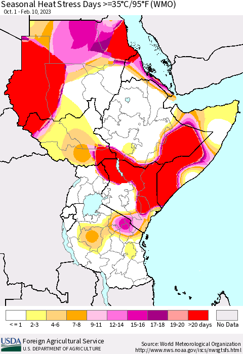 Eastern Africa Seasonal Heat Stress Days >=35°C/95°F (WMO) Thematic Map For 10/1/2022 - 2/10/2023