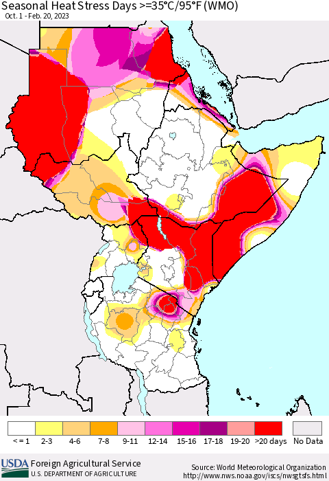 Eastern Africa Seasonal Heat Stress Days >=35°C/95°F (WMO) Thematic Map For 10/1/2022 - 2/20/2023
