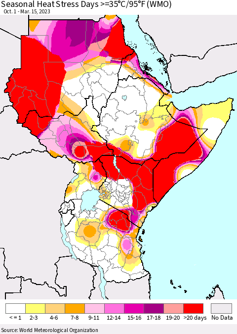 Eastern Africa Seasonal Heat Stress Days >=35°C/95°F (WMO) Thematic Map For 10/1/2022 - 3/15/2023