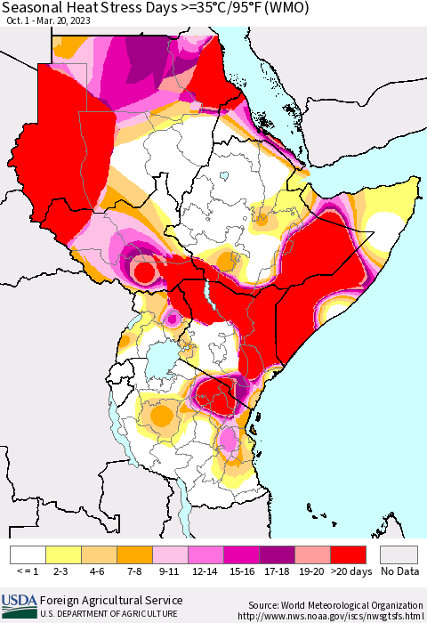 Eastern Africa Seasonal Heat Stress Days >=35°C/95°F (WMO) Thematic Map For 10/1/2022 - 3/20/2023
