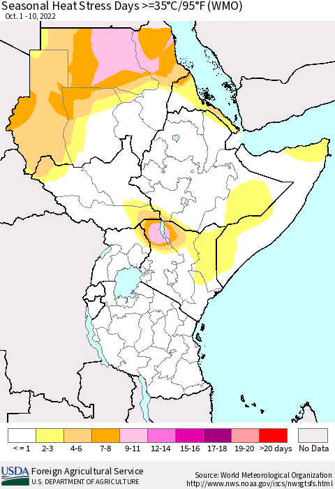 Eastern Africa Seasonal Heat Stress Days >=35°C/95°F (WMO) Thematic Map For 10/1/2022 - 10/10/2022