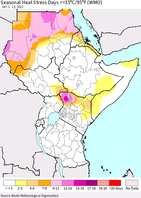 Eastern Africa Seasonal Heat Stress Days >=35°C/95°F (WMO) Thematic Map For 10/1/2022 - 10/15/2022
