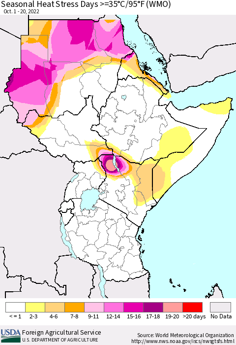Eastern Africa Seasonal Heat Stress Days >=35°C/95°F (WMO) Thematic Map For 10/1/2022 - 10/20/2022