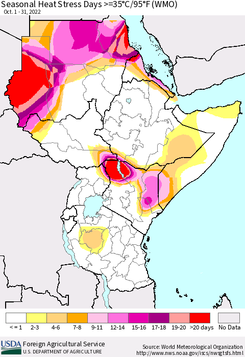 Eastern Africa Seasonal Heat Stress Days >=35°C/95°F (WMO) Thematic Map For 10/1/2022 - 10/31/2022