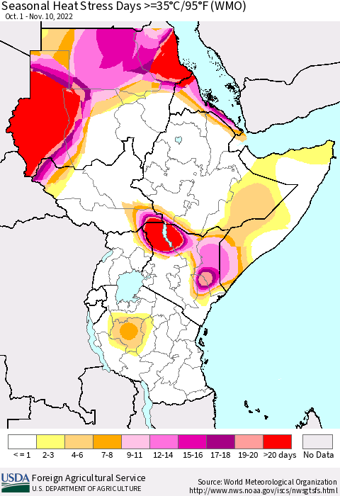 Eastern Africa Seasonal Heat Stress Days >=35°C/95°F (WMO) Thematic Map For 10/1/2022 - 11/10/2022