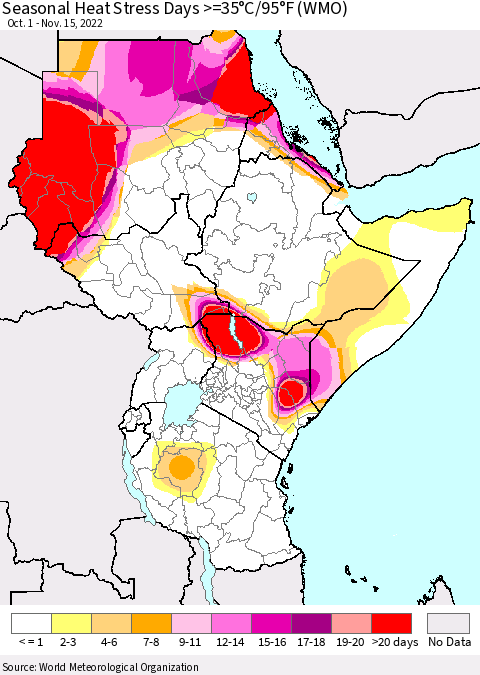 Eastern Africa Seasonal Heat Stress Days >=35°C/95°F (WMO) Thematic Map For 10/1/2022 - 11/15/2022