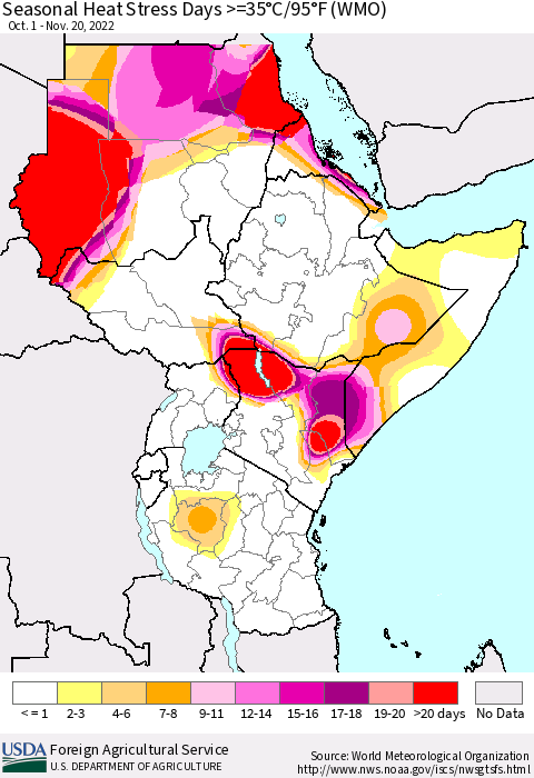 Eastern Africa Seasonal Heat Stress Days >=35°C/95°F (WMO) Thematic Map For 10/1/2022 - 11/20/2022