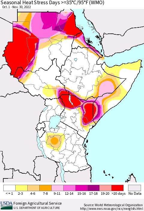 Eastern Africa Seasonal Heat Stress Days >=35°C/95°F (WMO) Thematic Map For 10/1/2022 - 11/30/2022