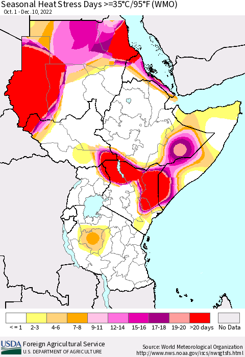 Eastern Africa Seasonal Heat Stress Days >=35°C/95°F (WMO) Thematic Map For 10/1/2022 - 12/10/2022
