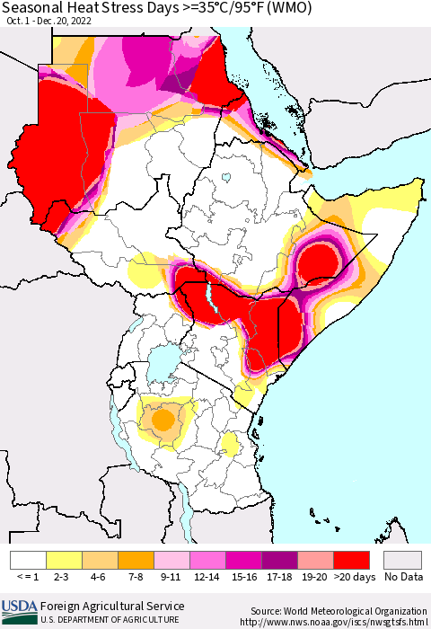 Eastern Africa Seasonal Heat Stress Days >=35°C/95°F (WMO) Thematic Map For 10/1/2022 - 12/20/2022