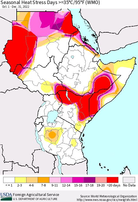 Eastern Africa Seasonal Heat Stress Days >=35°C/95°F (WMO) Thematic Map For 10/1/2022 - 12/31/2022