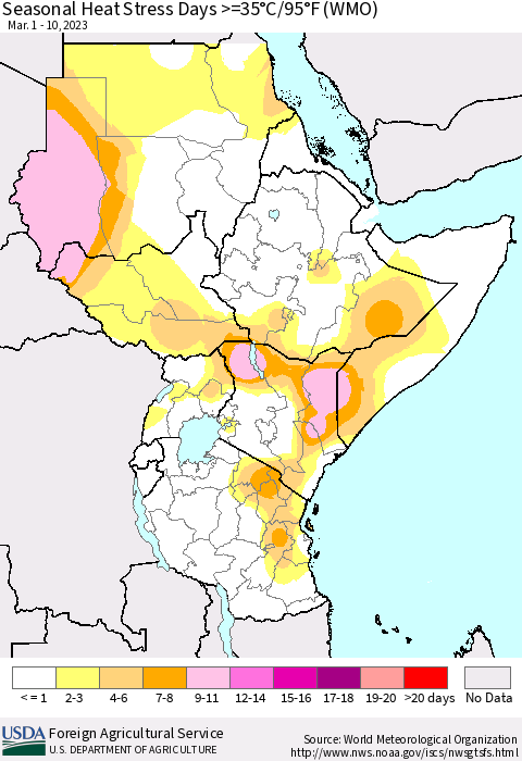 Eastern Africa Seasonal Heat Stress Days >=35°C/95°F (WMO) Thematic Map For 3/1/2023 - 3/10/2023