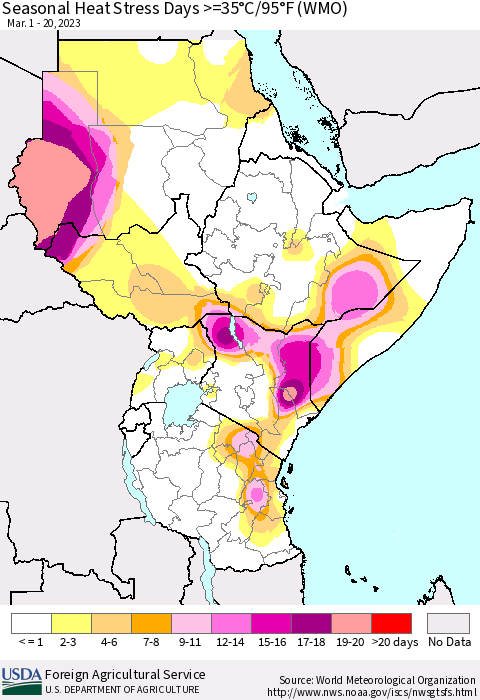 Eastern Africa Seasonal Heat Stress Days >=35°C/95°F (WMO) Thematic Map For 3/1/2023 - 3/20/2023