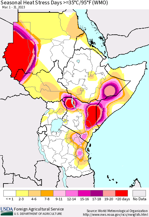 Eastern Africa Seasonal Heat Stress Days >=35°C/95°F (WMO) Thematic Map For 3/1/2023 - 3/31/2023