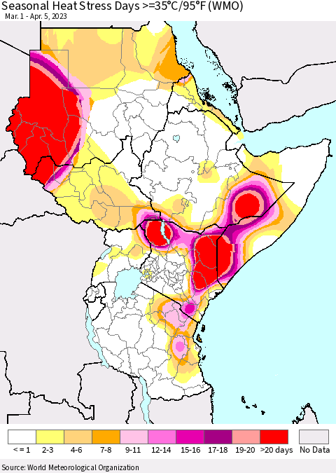 Eastern Africa Seasonal Heat Stress Days >=35°C/95°F (WMO) Thematic Map For 3/1/2023 - 4/5/2023