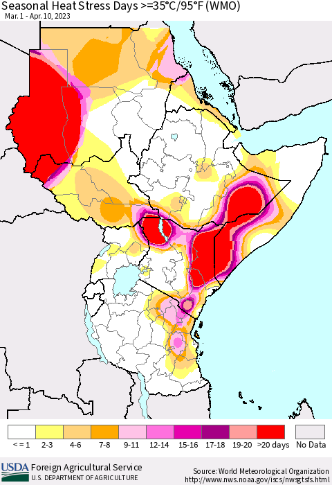 Eastern Africa Seasonal Heat Stress Days >=35°C/95°F (WMO) Thematic Map For 3/1/2023 - 4/10/2023