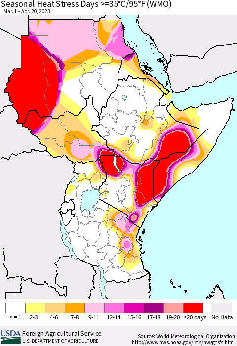 Eastern Africa Seasonal Heat Stress Days >=35°C/95°F (WMO) Thematic Map For 3/1/2023 - 4/20/2023