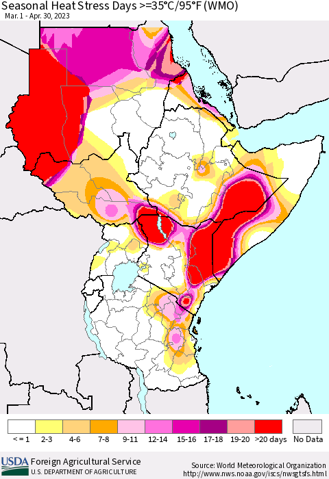 Eastern Africa Seasonal Heat Stress Days >=35°C/95°F (WMO) Thematic Map For 3/1/2023 - 4/30/2023