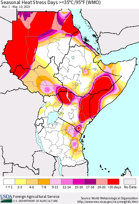 Eastern Africa Seasonal Heat Stress Days >=35°C/95°F (WMO) Thematic Map For 3/1/2023 - 5/10/2023