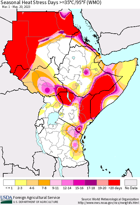 Eastern Africa Seasonal Heat Stress Days >=35°C/95°F (WMO) Thematic Map For 3/1/2023 - 5/20/2023
