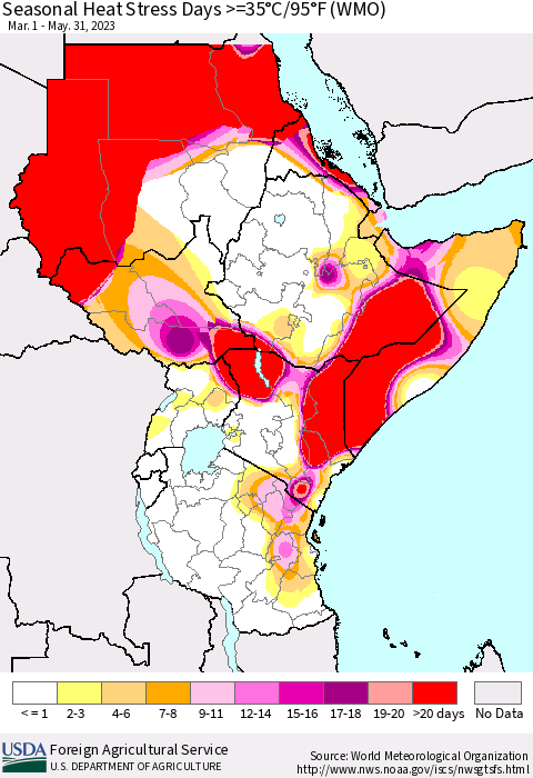 Eastern Africa Seasonal Heat Stress Days >=35°C/95°F (WMO) Thematic Map For 3/1/2023 - 5/31/2023