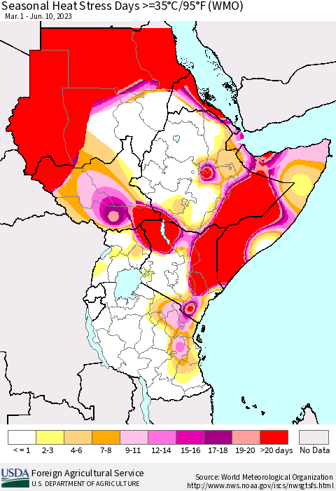 Eastern Africa Seasonal Heat Stress Days >=35°C/95°F (WMO) Thematic Map For 3/1/2023 - 6/10/2023