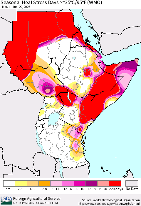 Eastern Africa Seasonal Heat Stress Days >=35°C/95°F (WMO) Thematic Map For 3/1/2023 - 6/20/2023