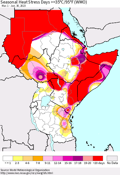 Eastern Africa Seasonal Heat Stress Days >=35°C/95°F (WMO) Thematic Map For 3/1/2023 - 6/30/2023