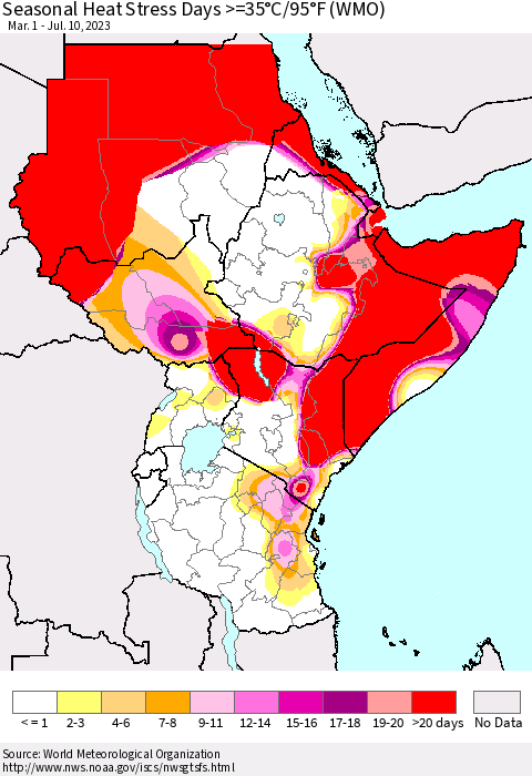 Eastern Africa Seasonal Heat Stress Days >=35°C/95°F (WMO) Thematic Map For 3/1/2023 - 7/10/2023