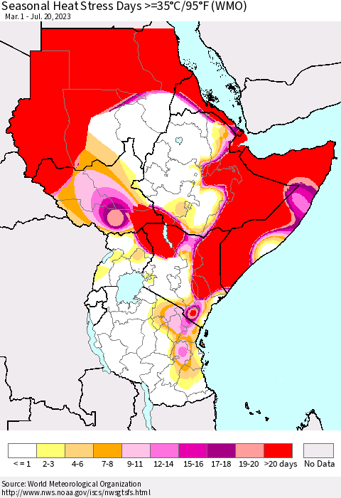 Eastern Africa Seasonal Heat Stress Days >=35°C/95°F (WMO) Thematic Map For 3/1/2023 - 7/20/2023