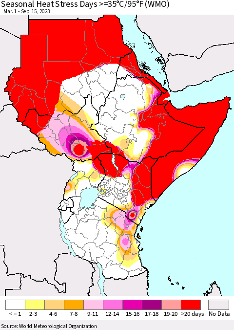 Eastern Africa Seasonal Heat Stress Days >=35°C/95°F (WMO) Thematic Map For 3/1/2023 - 9/15/2023