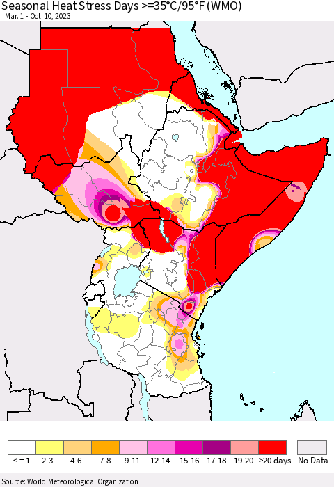 Eastern Africa Seasonal Heat Stress Days >=35°C/95°F (WMO) Thematic Map For 3/1/2023 - 10/10/2023