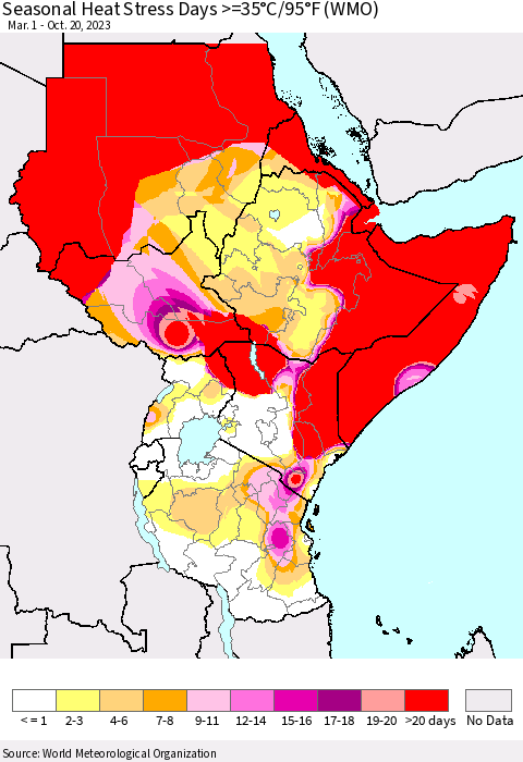 Eastern Africa Seasonal Heat Stress Days >=35°C/95°F (WMO) Thematic Map For 3/1/2023 - 10/20/2023