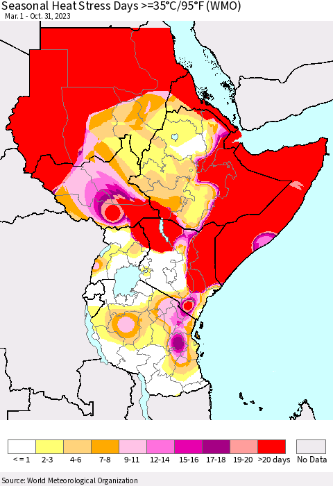 Eastern Africa Seasonal Heat Stress Days >=35°C/95°F (WMO) Thematic Map For 3/1/2023 - 10/31/2023