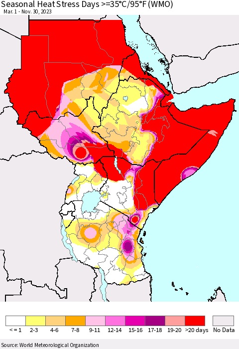 Eastern Africa Seasonal Heat Stress Days >=35°C/95°F (WMO) Thematic Map For 3/1/2023 - 11/30/2023