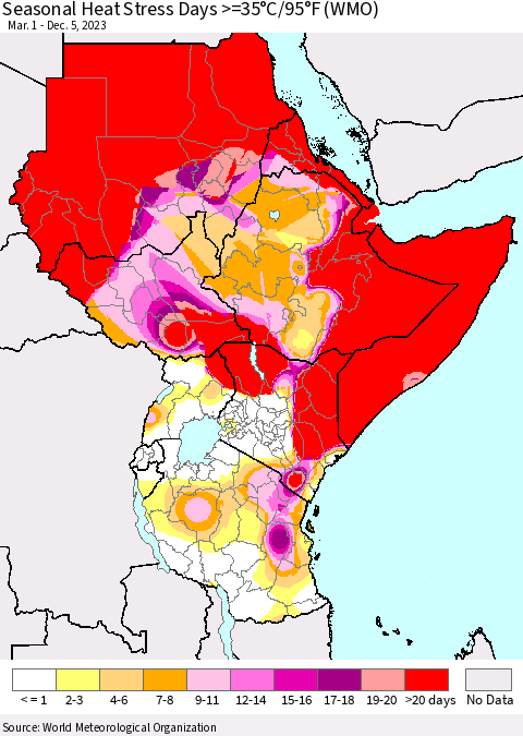 Eastern Africa Seasonal Heat Stress Days >=35°C/95°F (WMO) Thematic Map For 3/1/2023 - 12/5/2023