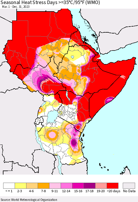 Eastern Africa Seasonal Heat Stress Days >=35°C/95°F (WMO) Thematic Map For 3/1/2023 - 12/31/2023