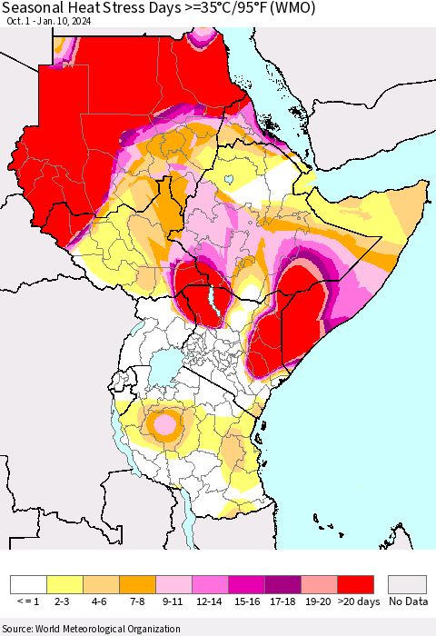 Eastern Africa Seasonal Heat Stress Days >=35°C/95°F (WMO) Thematic Map For 10/1/2023 - 1/10/2024