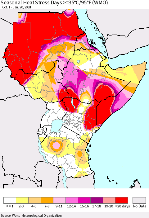 Eastern Africa Seasonal Heat Stress Days >=35°C/95°F (WMO) Thematic Map For 10/1/2023 - 1/20/2024