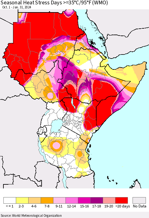 Eastern Africa Seasonal Heat Stress Days >=35°C/95°F (WMO) Thematic Map For 10/1/2023 - 1/31/2024