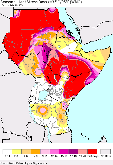 Eastern Africa Seasonal Heat Stress Days >=35°C/95°F (WMO) Thematic Map For 10/1/2023 - 2/10/2024