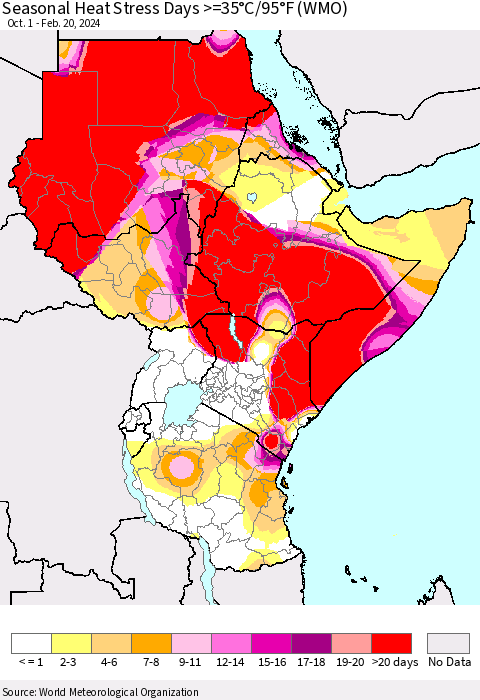 Eastern Africa Seasonal Heat Stress Days >=35°C/95°F (WMO) Thematic Map For 10/1/2023 - 2/20/2024